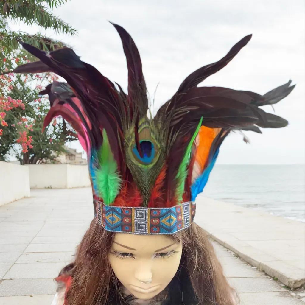 Native American Hairband Carnival Celebration Feathered Headband Adult Cosplay Hairhoop Ethnic Hairband for Theme Party