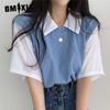 Летняя футболка Polo Lapel Fake Two College Style Color Collision с короткими рукавами, женская свободная повседневная универсальная футболка