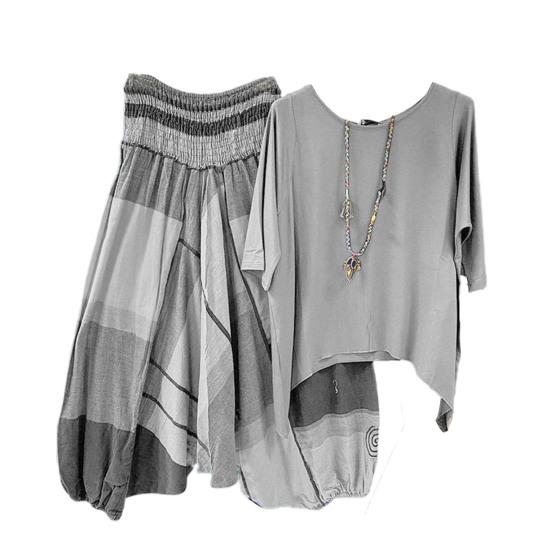 1 комплект, футболка, брюки, клетчатый узор, эластичный пояс, летняя блузка с неровным подолом, широкие брюки, уличная одежда