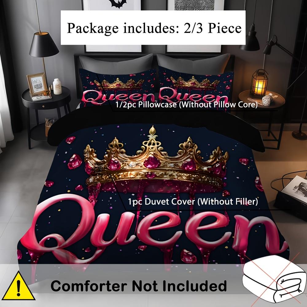 2/3Pcs Queen-Themed 3D Crown Pattern Duvet Cover Set (1 Duvet Cover + 1/2 Pillowcase, Without Core), Soft Digital Print, Fantasy
