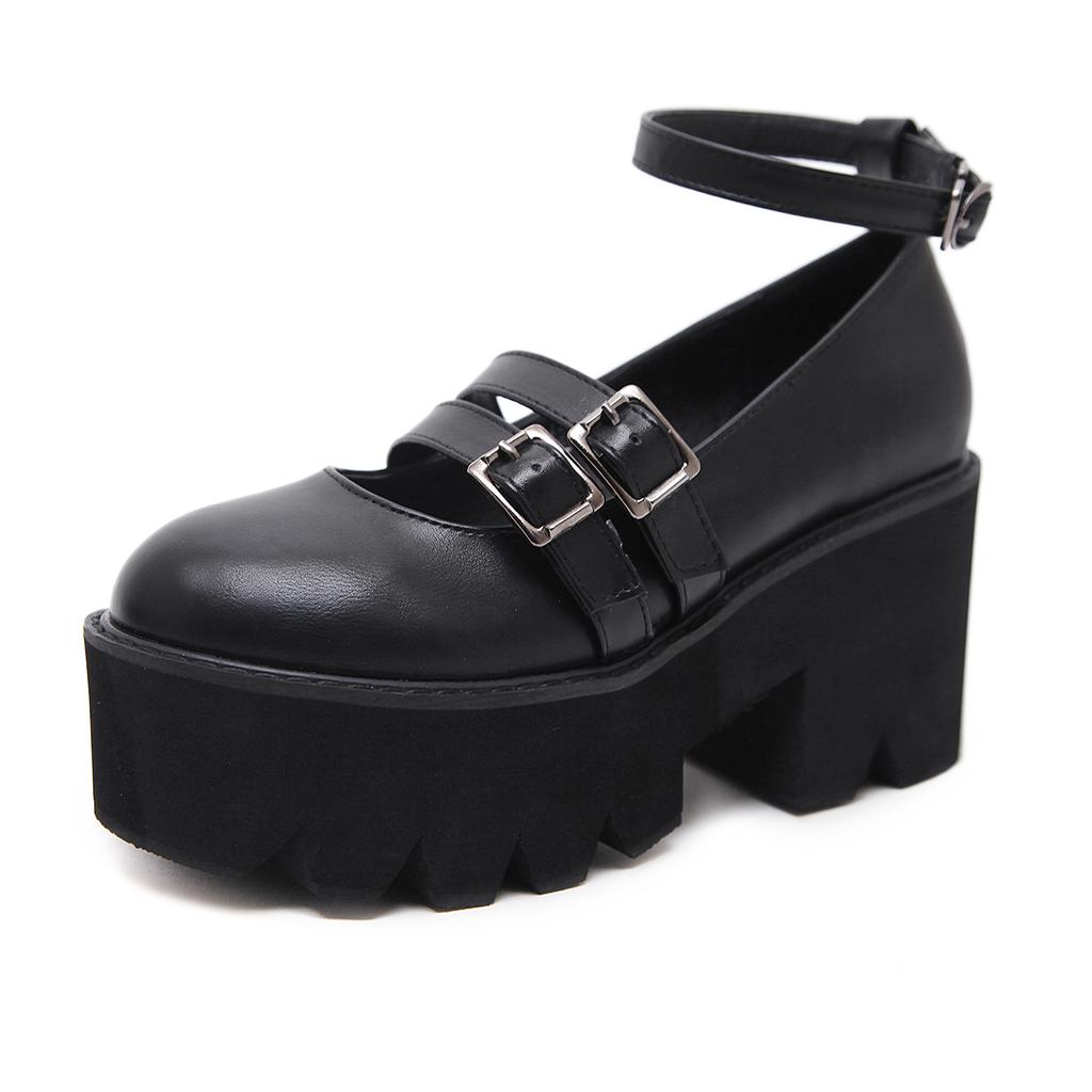 Женские туфли-лодочки в готическом стиле, туфли на высоком массивном каблуке с ремешком на щиколотке, на платформе, в стиле панк, женская модная удобная обувь с пряжкой