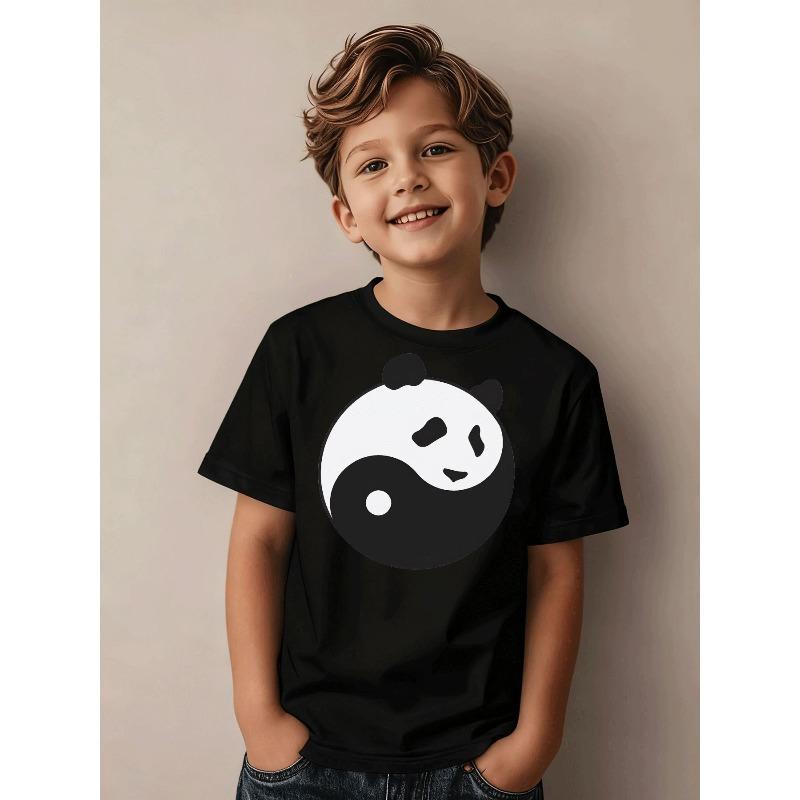Boys Panda Yin Yang Print Black Crewneck Casual Sports T-Shirt