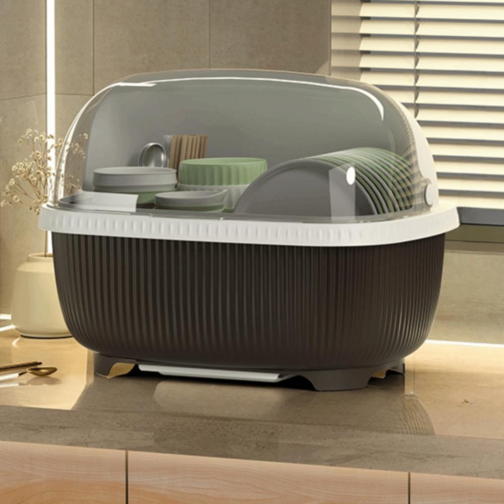 Large Capacity Dish Drainer With Roof Cover Plastic Multifunctional Dish Storage Rack with Drain Board Cupboard