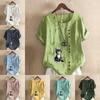 Women's Fashion Cat Prined Round Neck Short Sleeve T-shirt Casual Cotton Linen Graphic Shirt Leisure Loose Summer Blouse Tops