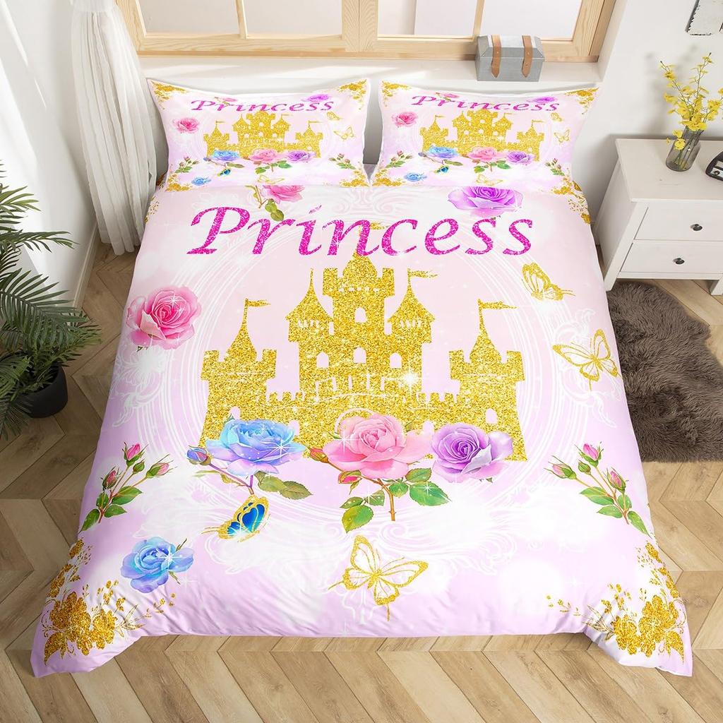 Fairy Tale Castle Bedding Set Twin QueenGirly Golden Castle Silhouette Duvet CoverBlooming Flowers Botanical Comforter Cover