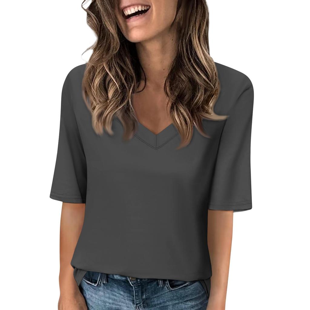 Women's Solid-color V Neck T Shirts Half Sleeve Tops Printed Casual Summer Tees T Shirt Blouse