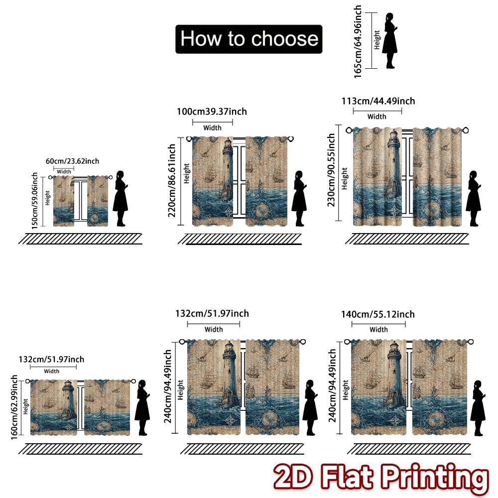 2D FLAT PRINTING 2pcs Curtains (Without Rod) Vintage Nautical Lighthouse Popular Curtains&Drapes Polyester Easy Install Curtains
