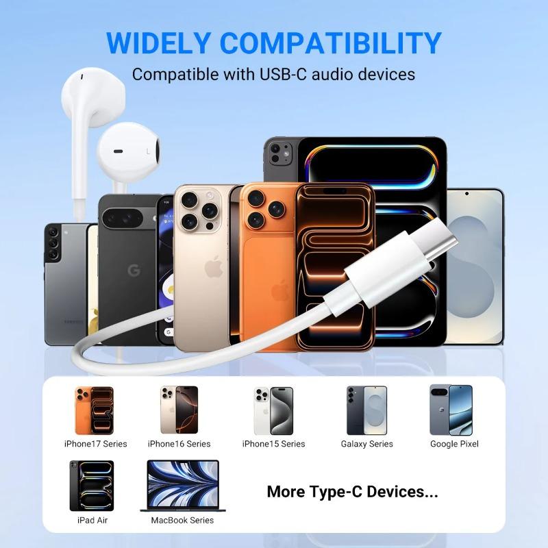 USB C Наушники для iPhone 17 16 15 Проводные Type C Наушники Встроенный Микрофон Регулировка Громкости HiFi Стерео Звук Наушники