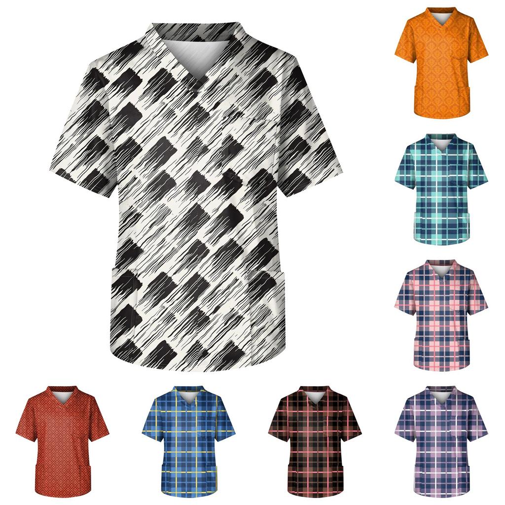 Мужская рабочая блузка с короткими рукавами и v-образным вырезом с принтом, топ с нагрудным карманом