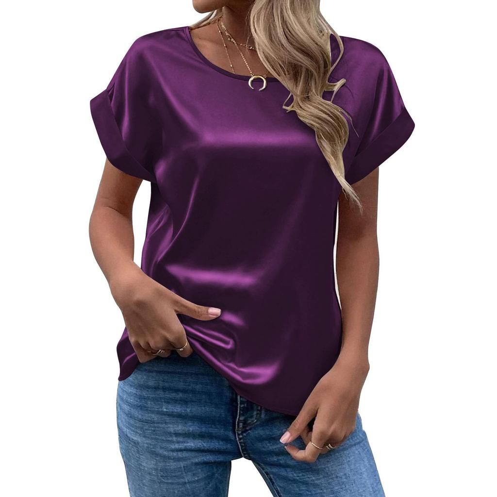 Women's T-Shirt Summer Elegant Solid Round Neck Rolled Short Sleeve Satin Silk Blouse Tops