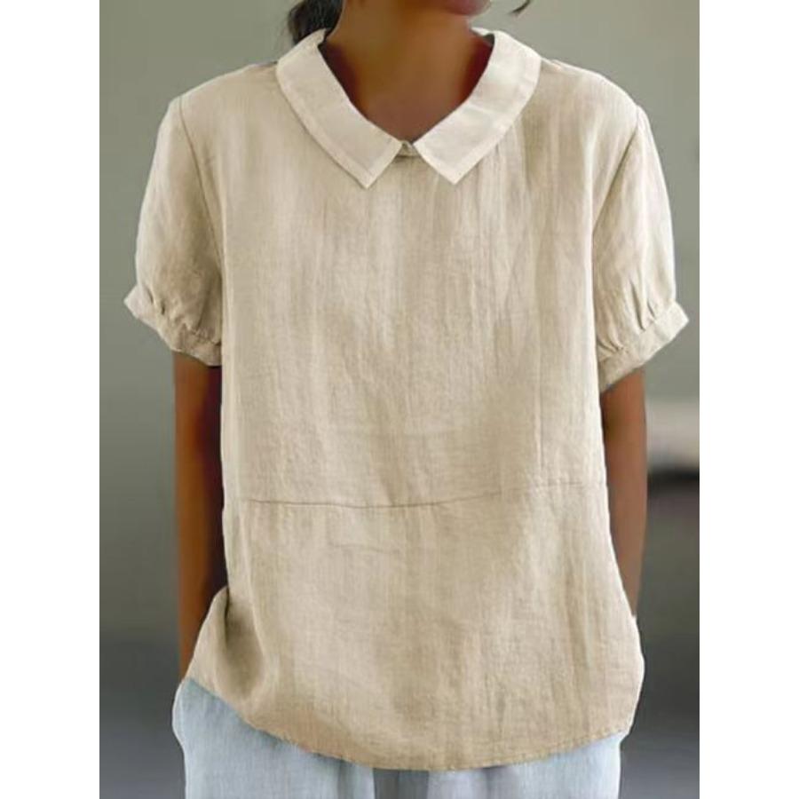 Womens Casual Peter Pan Collar Blouse Summer Loose Cotton Blouse Linen Tops Solid Color Short Sleeve Casual Ladies Breathable Shirt