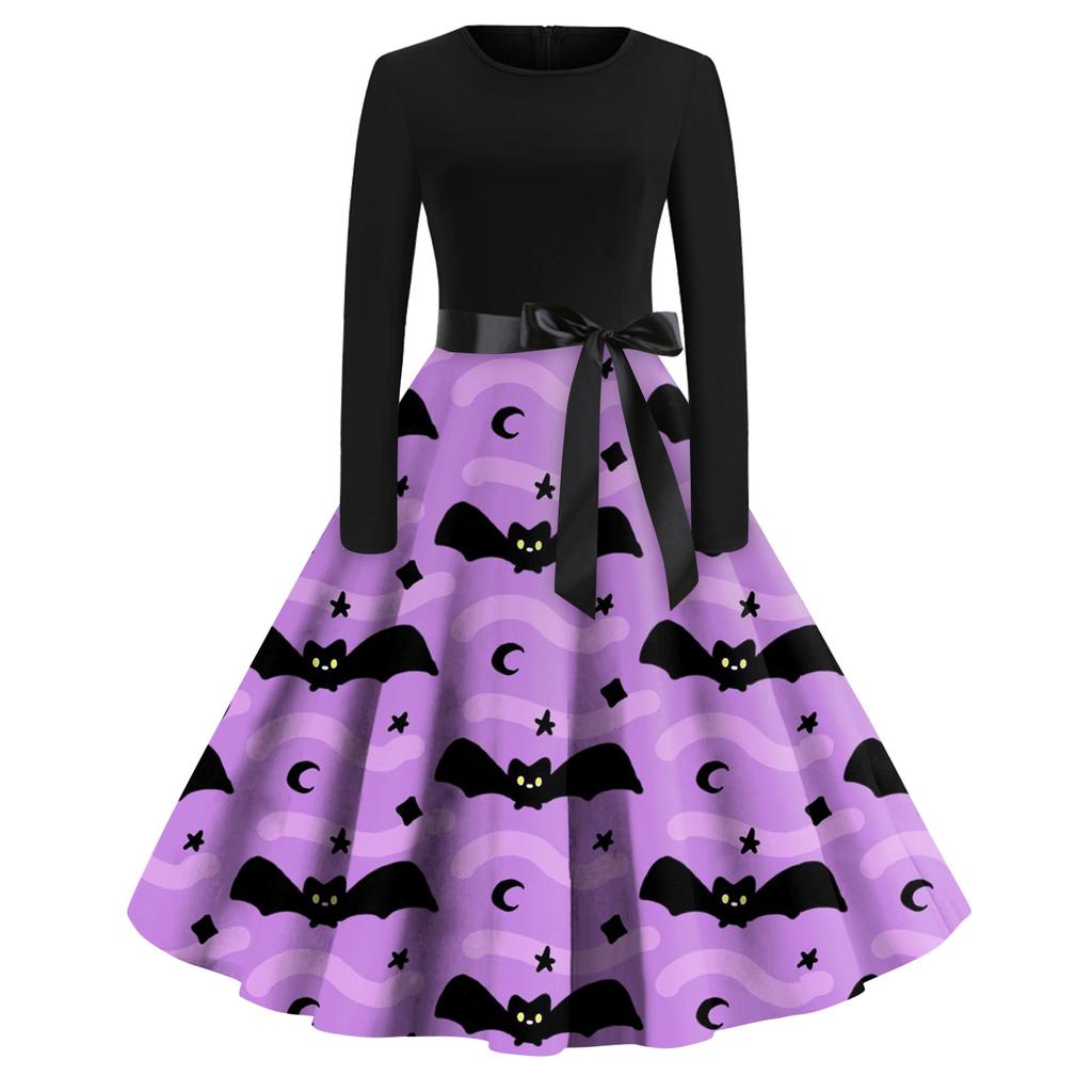 Women's Halloween Print Flare Dress For Women Long Sleeve Dress Party Casual Dresses