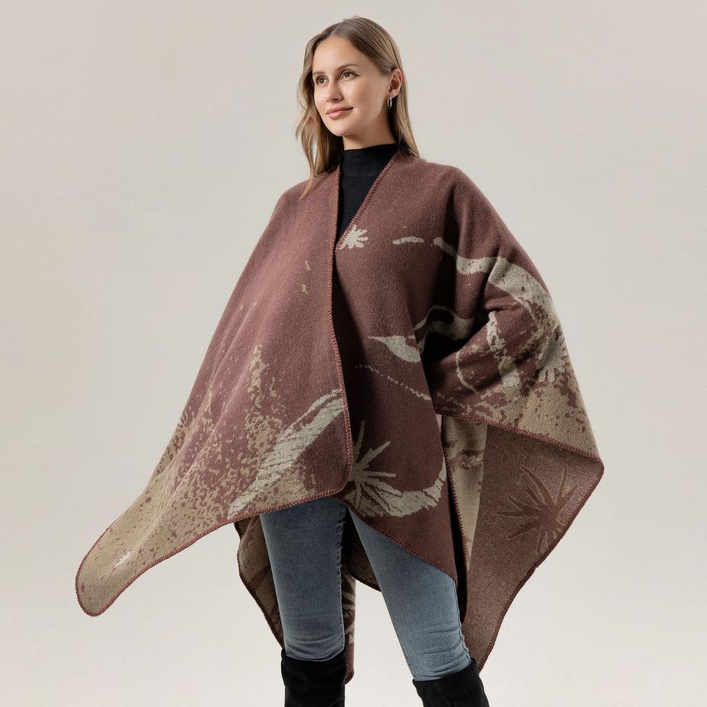 Plain Versatile Shawl Air-Conditioned Room Women'S Knitted Cape With Double-Sided Scarf