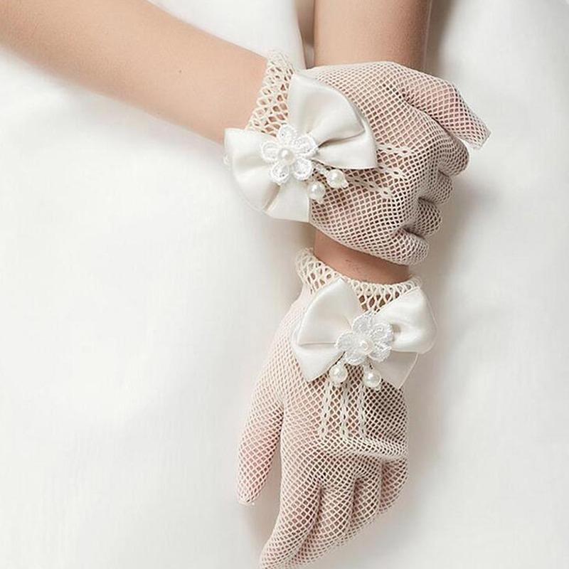 White Princess Wedding Gloves for Girls Mesh Evening Children's Holiday Accessories with a Bow Birthday Performance Gloves