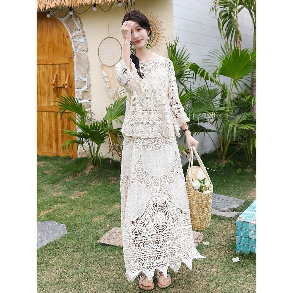 Dimanaf 2025 Женский новый костюм юбка вязаный пляжный короткий рукав кружевной ажурный сексуальный О-образный вырез ажурный летний стиль топы футболки свободные базовые