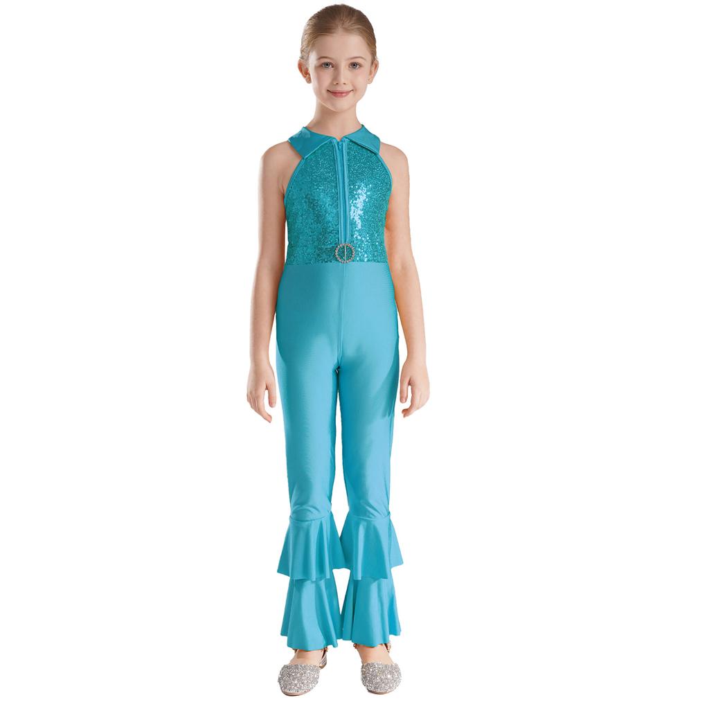 Kids Girls Unitards Bodysuit Sleeveless Tiered Bell-bottom Pants Style Dance Gymnastic Leotard Jumpsuit