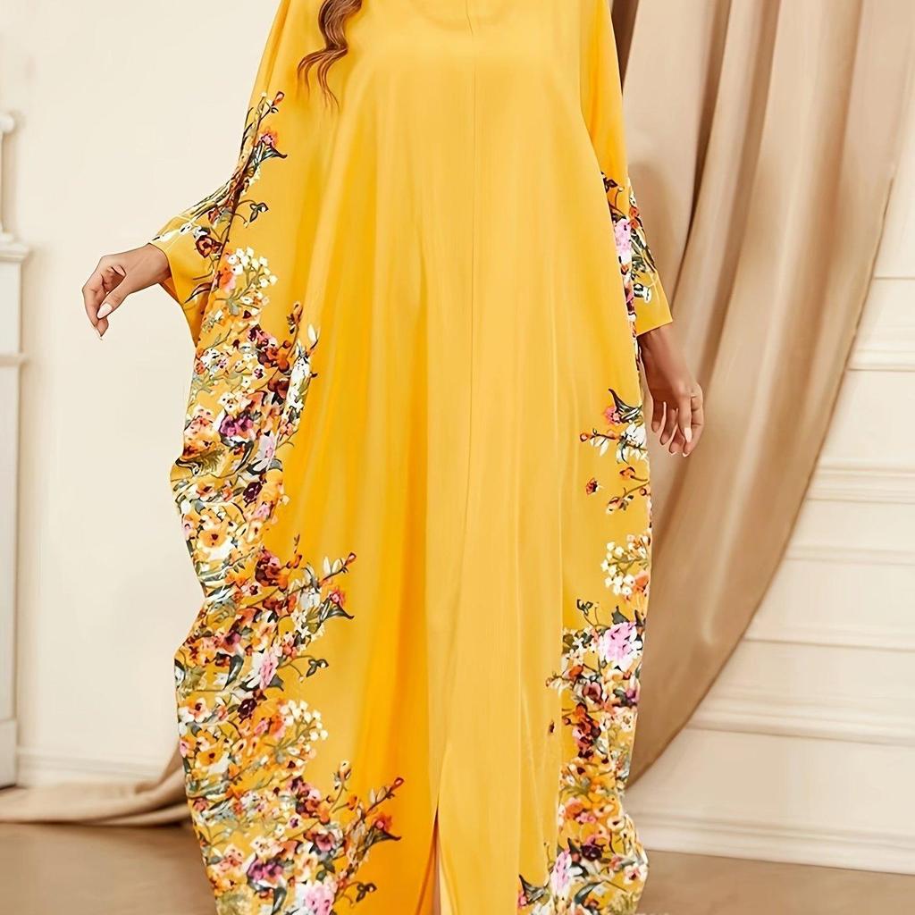 Ramadan Floral Print Crew Neck Kaftan, Elegant Batwing Sleeve Split Maxi Dress, Women's Clothing