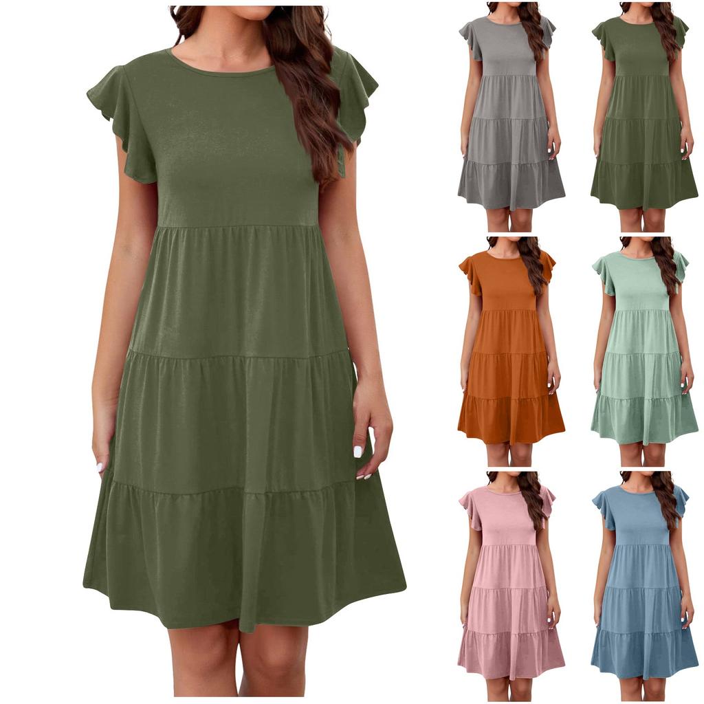 Summer Beach Dress For Women Casual Round Neck Tunic Ruffle Short Sleeve A-Line Tiered Babydoll Dress Flowy  Dress