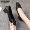Women's Black Leather Shoes Thick Heel 3cm Metal Pointed Toe Shallow Mouth Slip-on Comfort Soft Leather Work Shoes