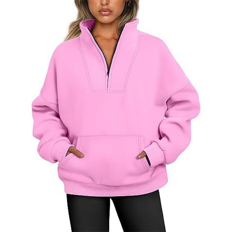 Women's Sweatshirt Stand Collar Solid Color Fashion Pocket Zipper Tops Casual Loose Fleece Ribbed Pullover