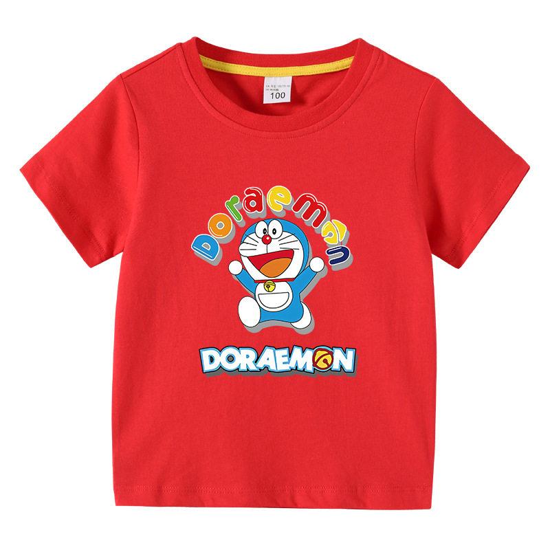 Doraemon Childrens Summer Clothing Pure Cotton Breathable Top for Kids Short Sleeve Ding Dong Cat Fashion Tshirt