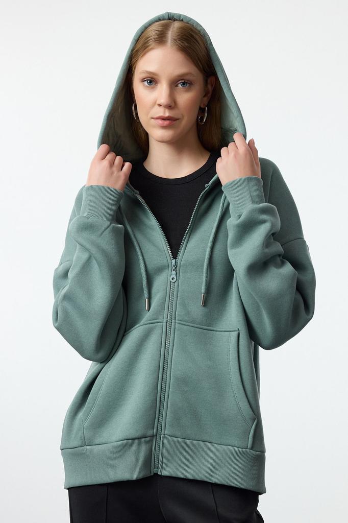 Women's Fashionable Stylish Sweatshirt Stone Oversize Comfortable Cut Basic Hooded Zippered Thick Inside Fleece Knitted Sweatshirt