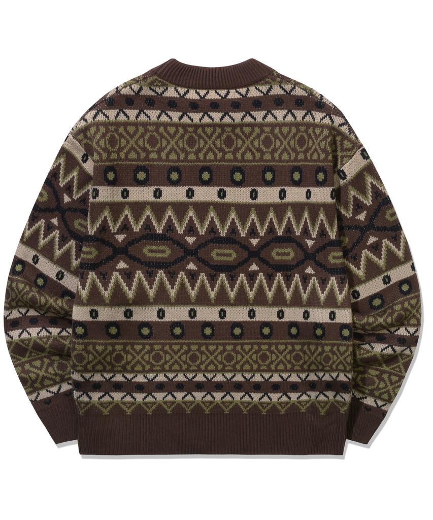 TRILLION Винтажный жаккардовый джемпер Fair Isle с круглым вырезом_Коричневый