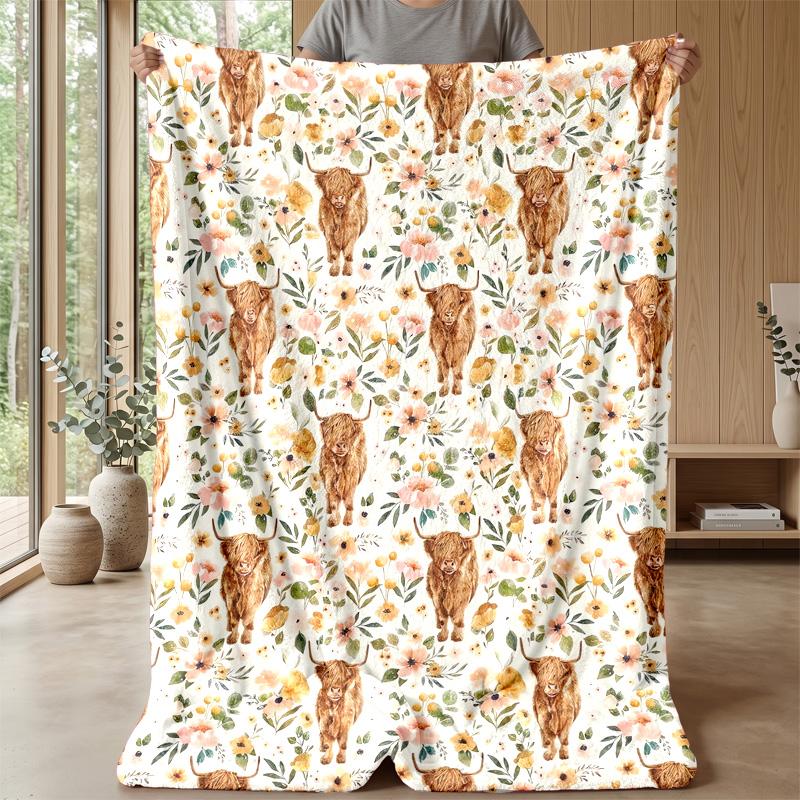 Vibrant Highland Cow with Butterflies and Flowers Theme blanket Lightweight Warm Flannel Blanket Decorative Throw Blanket for Home Decoration