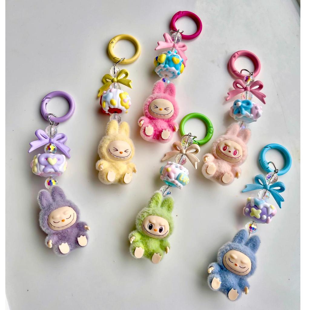 Flocked Labu Labubu Mini Keychain: Cute Grain Stroller Bag & Phone Pendant Ornament