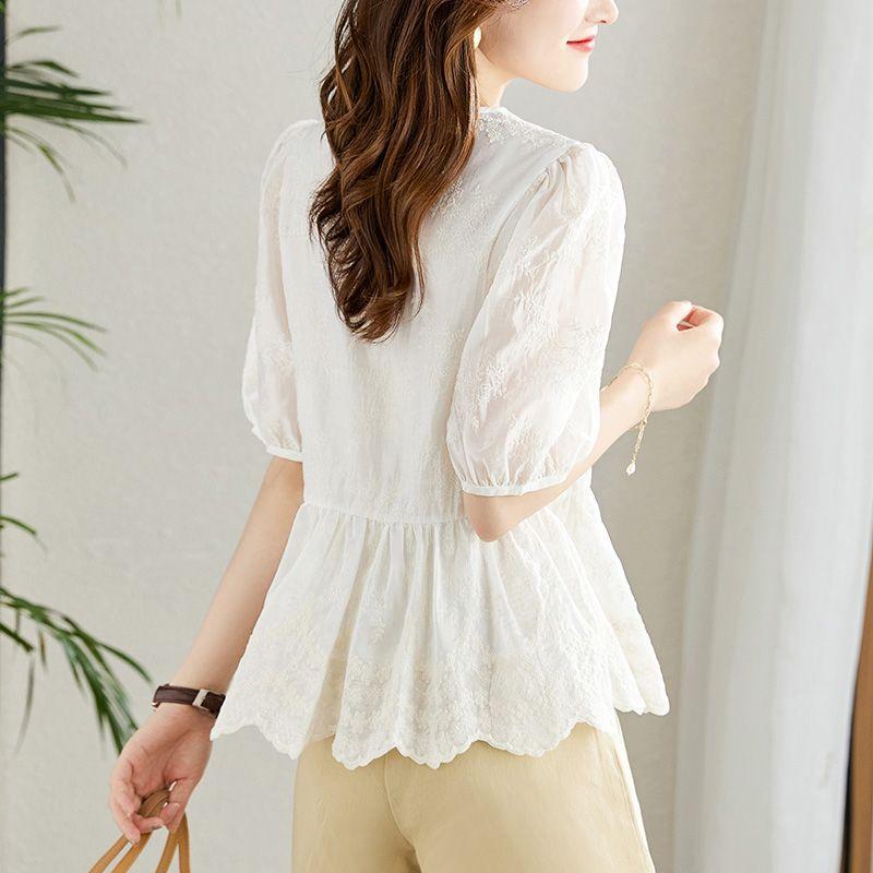 Абрикосовая вышитая рубашка для женщин с рукавом три четверти, летняя новинка, вышитый маленький топ, V-образный вырез, маленькая рубашка