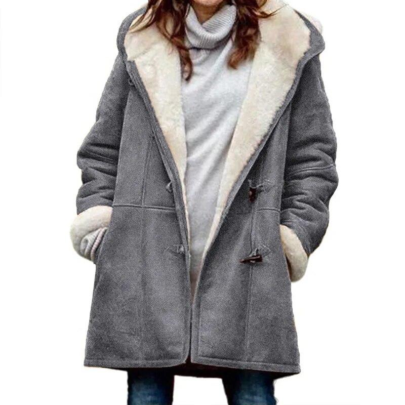 Winter Fashion Warm Thickened Long Sleeved Cowhide Button Womens Coat With Hat Casual Velvet Solid Ladies Outwears 30431
