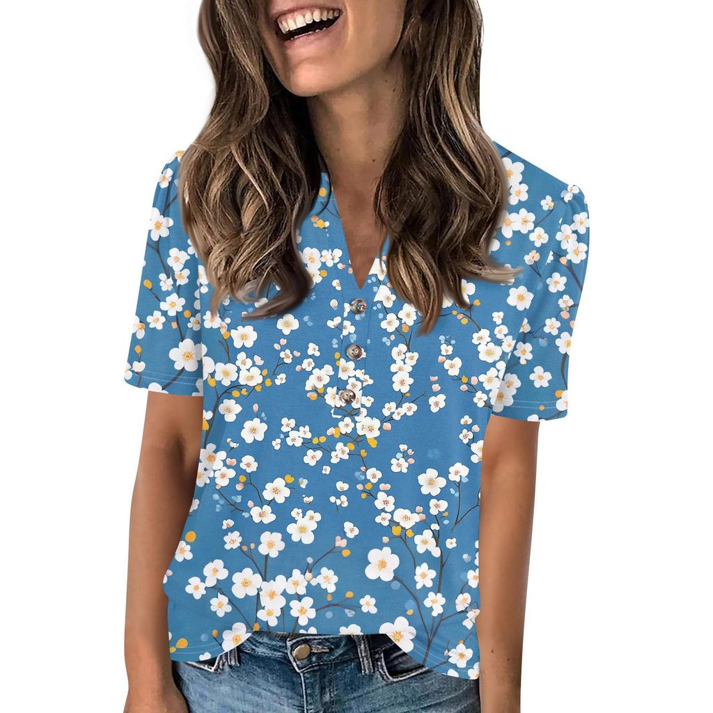 Женский модный повседневный свитер с коротким рукавом и принтом на пуговицах и V-образным вырезом