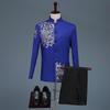 Men Stylish Embroidery Black Red White Blue Gold Floral Pattern 2 Sets Suits Stage Singer Wedding Groom Jacket Pants 2 Pieces
