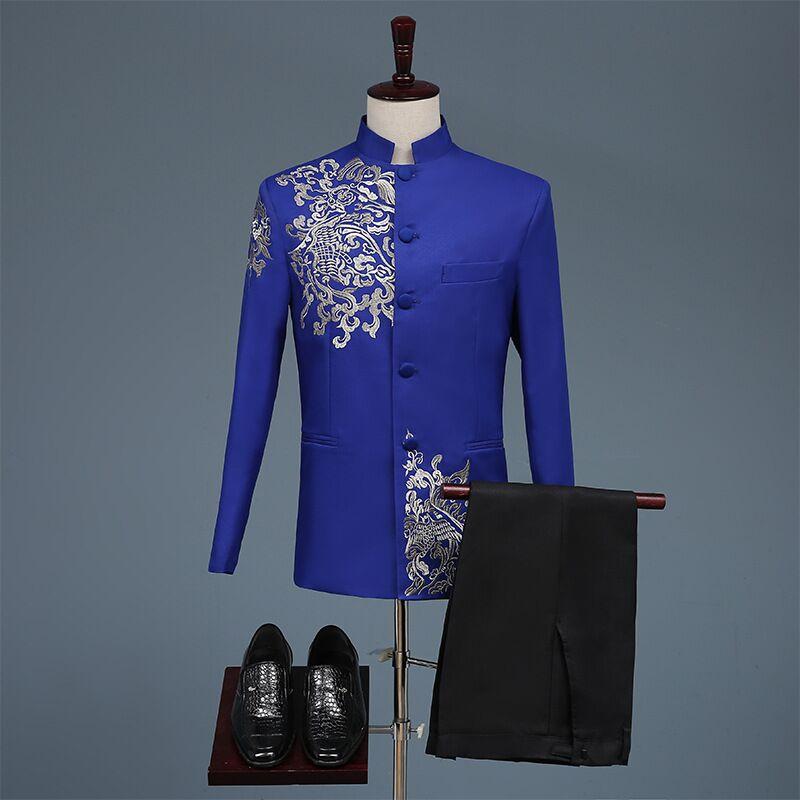 Men Stylish Embroidery Black Red White Blue Gold Floral Pattern 2 Sets Suits Stage Singer Wedding Groom Jacket Pants 2 Pieces
