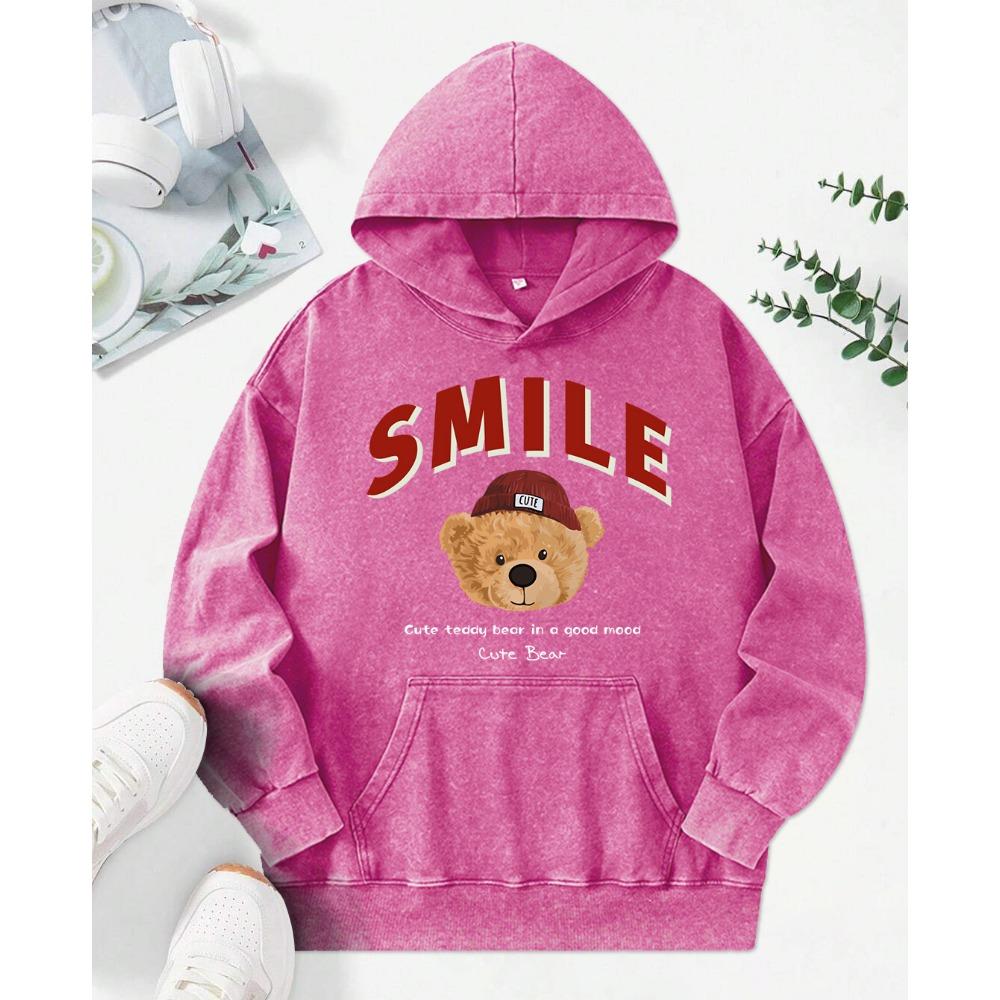 Doll Bear Wearing Hat Design Washed Hoody Female Personality Oversize Hoodie Cotton Trendy Streetwear Soft Comfortable