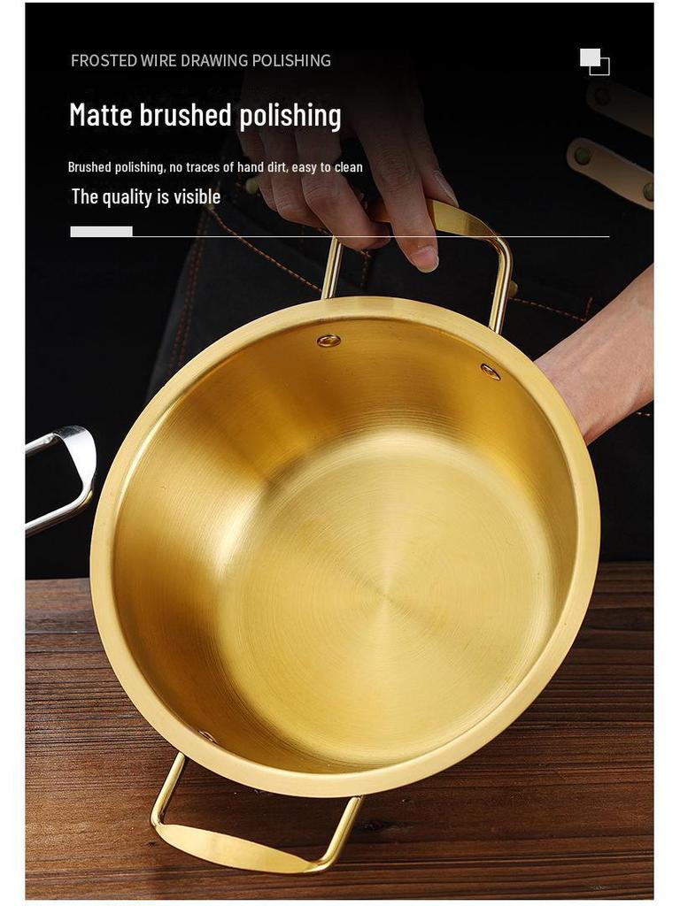 Золотистая корейская кастрюля для рамэна из нержавеющей стали с крышкой — двойные ушки, утолщенная, идеально подходит для лапши, супа или небольших горячих блюд.