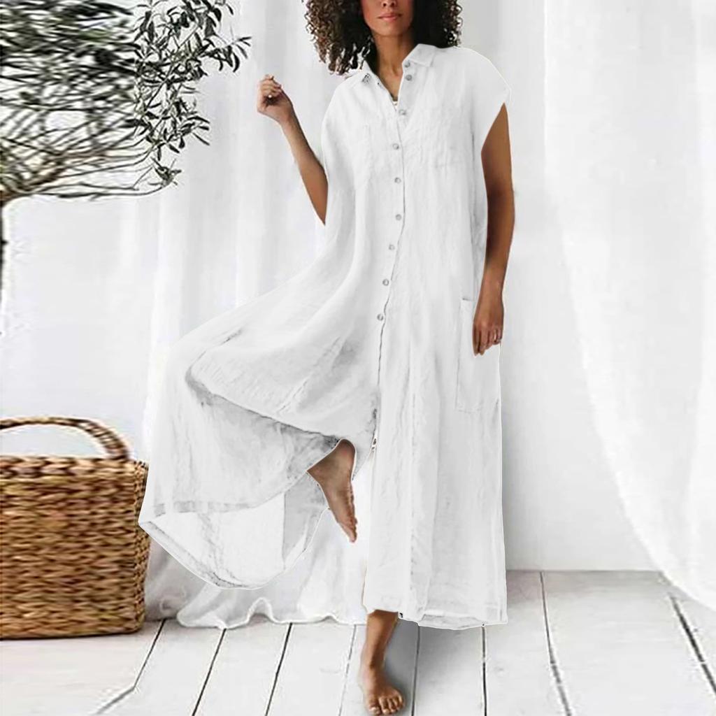 Women's Solid Color Three Quarter Sleeve Collared Button Down Linen Wide Leg Jumpsuit Casual Spring Long Romper With Pockets