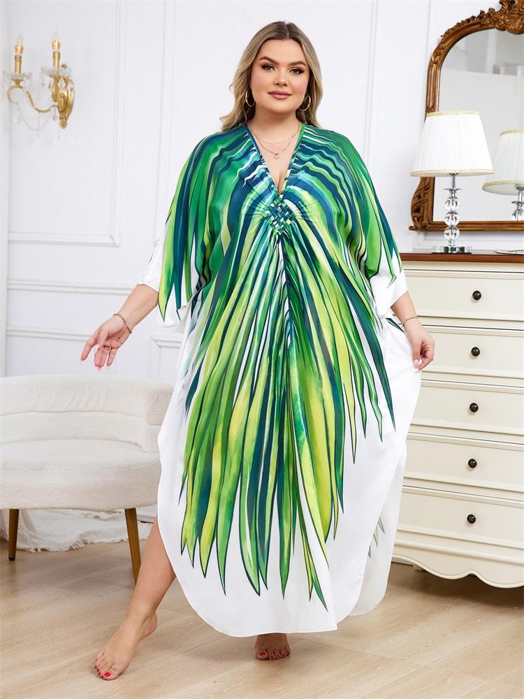 EDOLYNSA Oversize Women Kaftan Robe Outfit Bohemian Printed Vacation Chinese Knot V-neck House Bathing Suit Cover Up Q1588