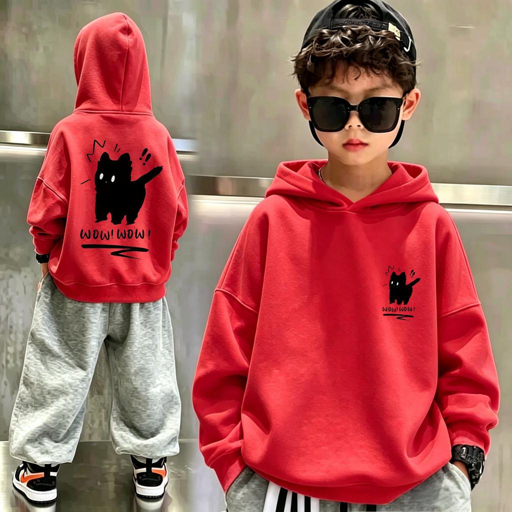 Cute Cartoon Wow Black Cat Front & Back Graphic Kids Hoodie Loose Oversized Pullover Boys Girls Streetwear Sweatshirt