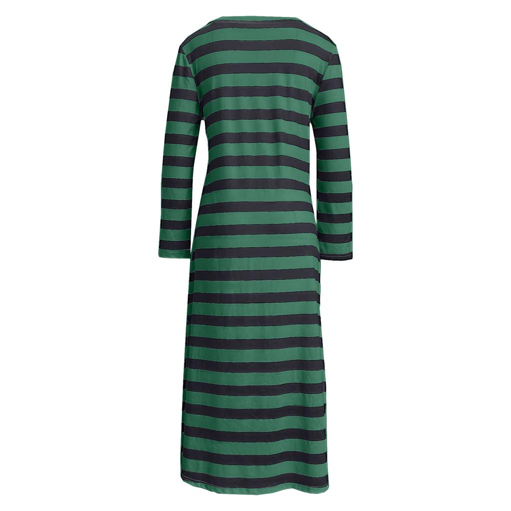 Женское свободное платье Temperament с V-образным вырезом, двухцветной полоской и длинными рукавами и разрезом