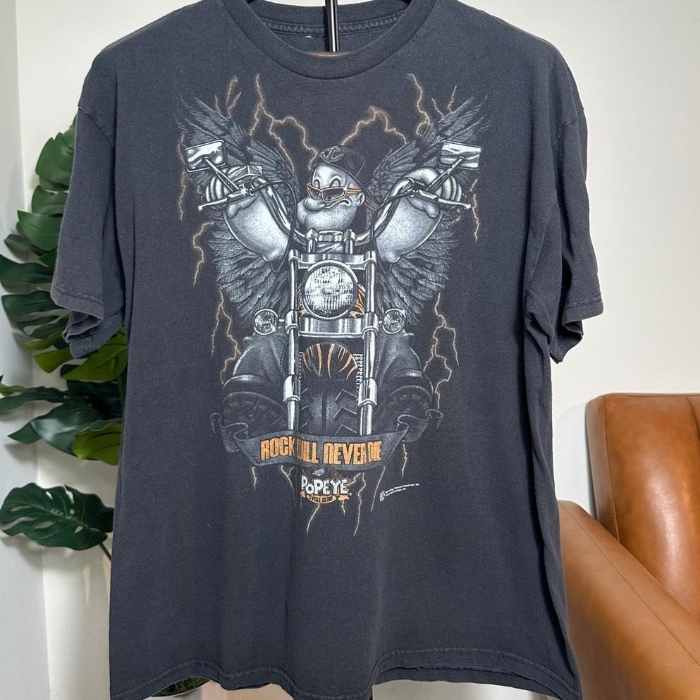 Popeye Biker T Shirt L Faded Black Motorcycle Graphic Distressed Vintage Style