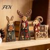Indoor Christmas Table Centerpieces Wooden Tabletop Decor, Rustic Reindeer Animal Figurines, Farmhouse Style Plaid Fabric Bow Holiday Displays Tiered