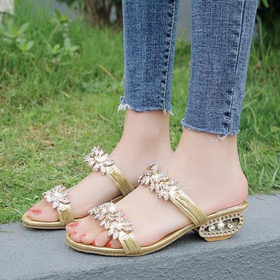 Женские летние босоножки на среднем каблуке со стразами — корейский стиль, большой размер 41, идеально подходят для студенток и мам из-за рубежа