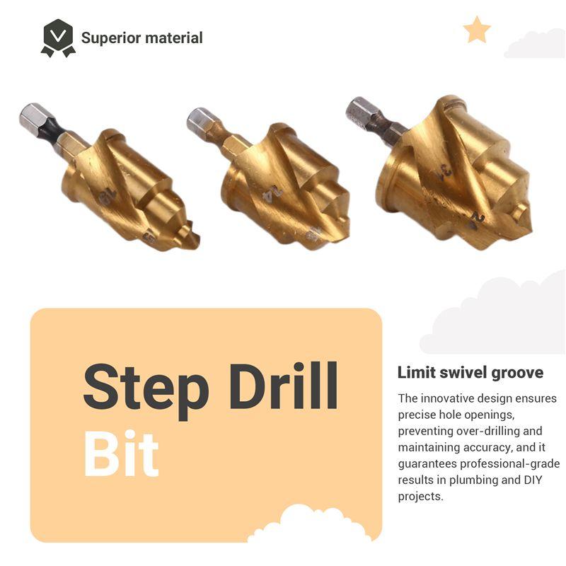 ABWR-3Pcs 20/25/32Mm Step Drill Bit With Limit Swivel Groove PPR Lifting Cone Drill Bits For Water Pipe Reaming