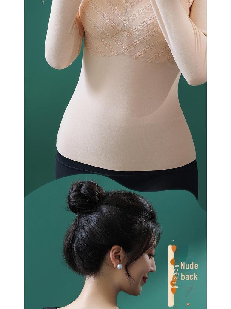 Женское термобелье из немецкого бархата: Плотный кружевной топ с V-образным вырезом и нагрудными накладками, длинные рукава, бесшовный, теплый.