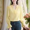French Lace V-neck Chiffon Shirt for Women New Loose Flared Sleeves Thin Temperament Pullover Solid Color Top