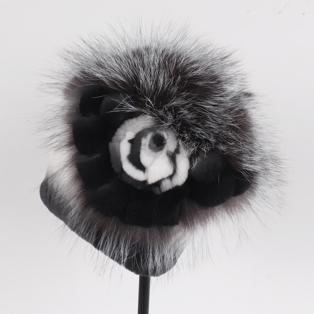 Luxury Warm Real Fox Fur Bomber Hat Female Winter Hand Knitted Real Rex Rabbit Fur Hats Women Outdoor Rex Rabbit Fur Flower Cap