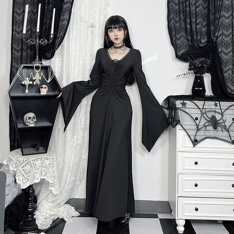 AltGoth Винтажное готическое платье на Хэллоуин Женское темное панковское элегантное платье с расклешенными рукавами и V-образным вырезом с высокой талией Платье в стиле эмо-альтернативной вечеринки