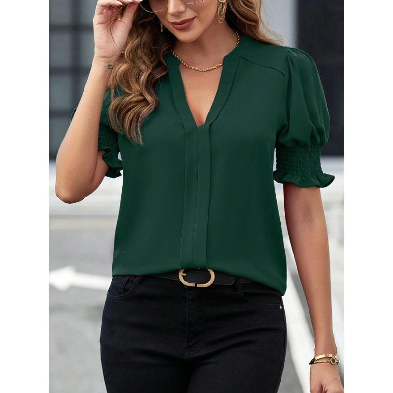 Summer Women's Shirt V-neck Temperament Bubble Sleeve Solid Colour Shirt Short Sleeve Top