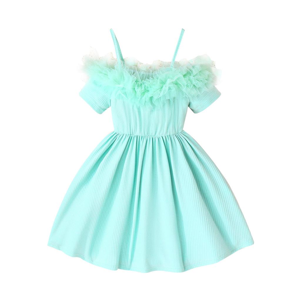 Girls' Elegant Princess Mesh Lace Neckline Halter Dress 2025 Summer Children's Fashion Casual Dress